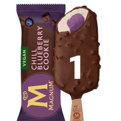 Magnum Chill 90ml - Introducing NEW Magnum Chill, the perfect treat for your pleasure-seeking customers. Enjoy intensely creamy vanilla biscuit ice cream wrapped around an intense core of fruity blueberry sorbet. Bite into the thick cracking vegan chocolate shell and let your taste buds come alive with intensely satisfying chunks of cookie pieces. Melt into a moment of Magnum indulgence and go wherever your mood takes you.